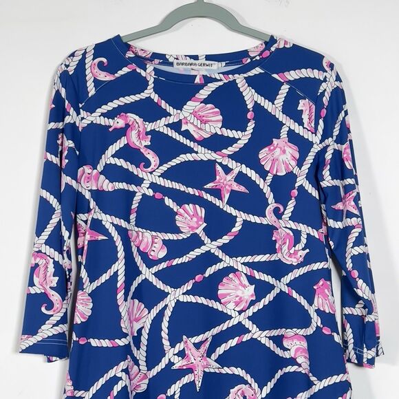 Barbara Gerwit Shift Mini Dress Womens Sz M Blue Seashell Nautical Print - Picture 2 of 10
